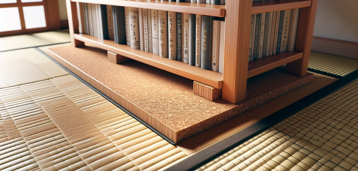 Protective mat placed under a wooden bookshelf on tatami flooring. Close-up view showing cork mat be