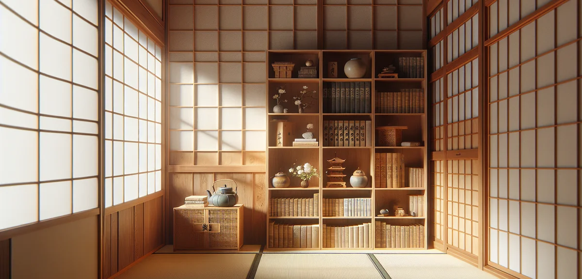 A tatami room with a low wooden open-shelf bookcase against the wall, filled with books and a few Ja