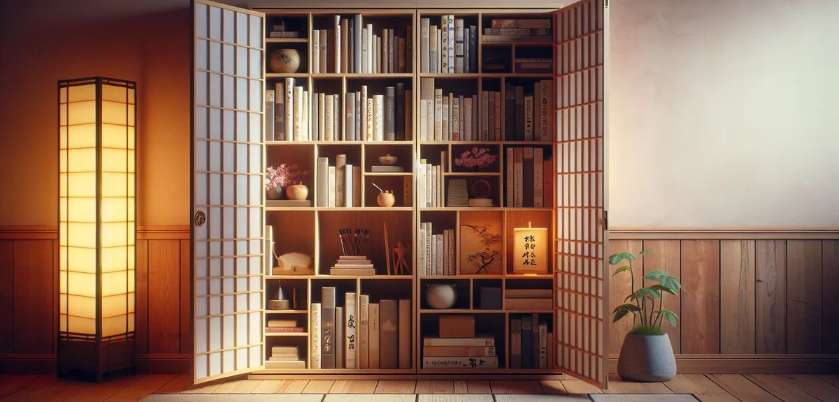 A Japanese oshiire (closet) converted into a bookshelf. The sliding doors are removed, revealing nea