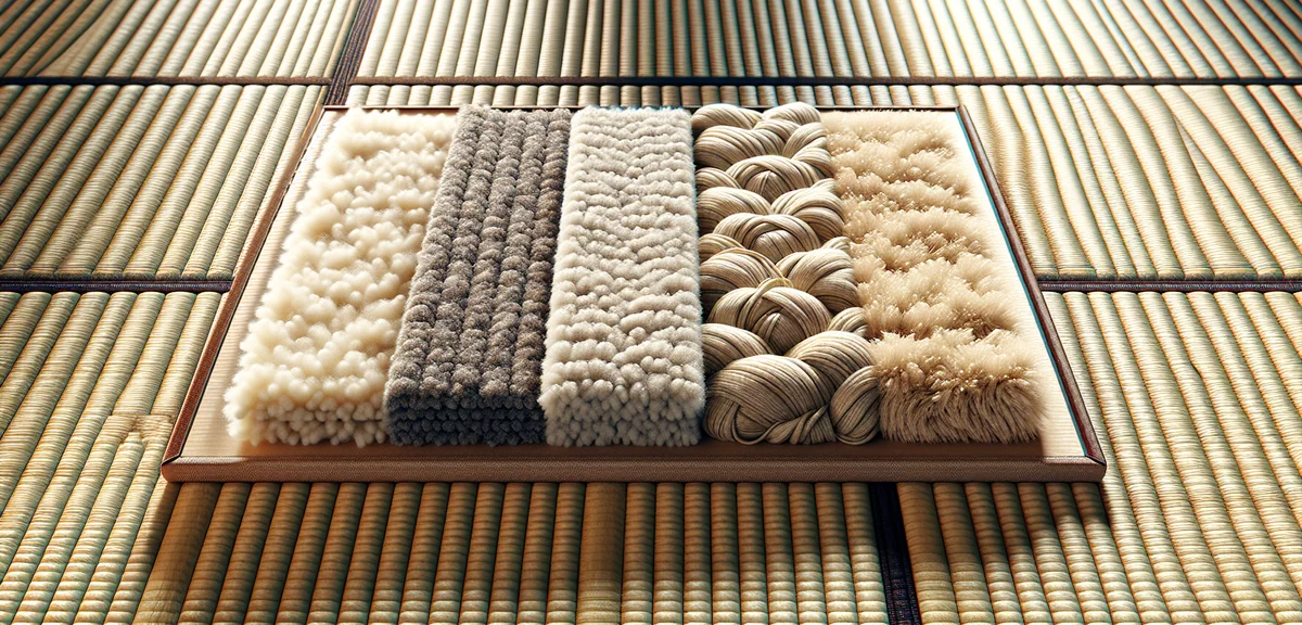 Close-up comparison of different carpet materials suitable for tatami rooms - wool, polypropylene, a