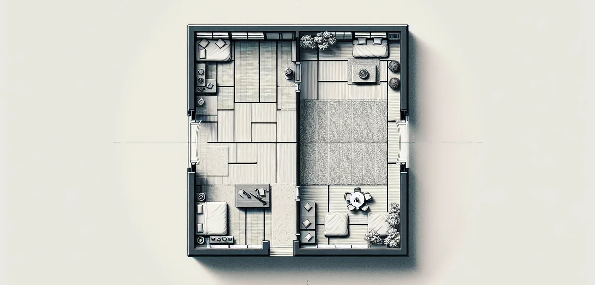 A bird's-eye view of a 6-tatami Japanese room showing two layout options - one side with a partial c