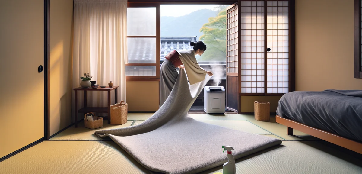 A Japanese woman lifting the edge of a carpet on tatami to air it out, with a bright window open in 