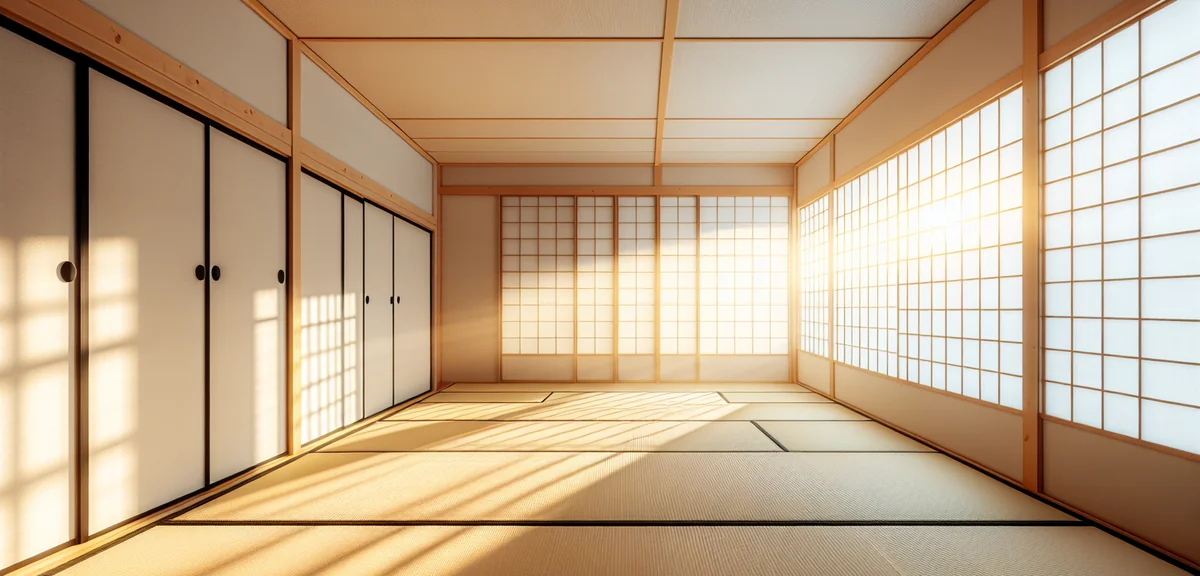 A bright Japanese tatami room with a freshly renovated white ceiling cloth, sunlight streaming throu