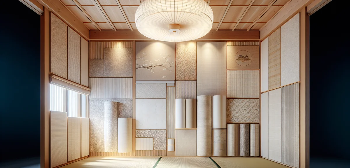 Samples of different ceiling wallpaper textures laid out on a tatami floor, including plain white, w