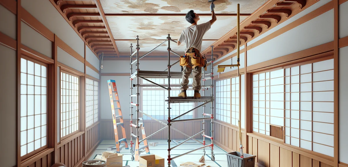 A professional interior worker on scaffolding carefully applying wallpaper cloth to a Japanese room 