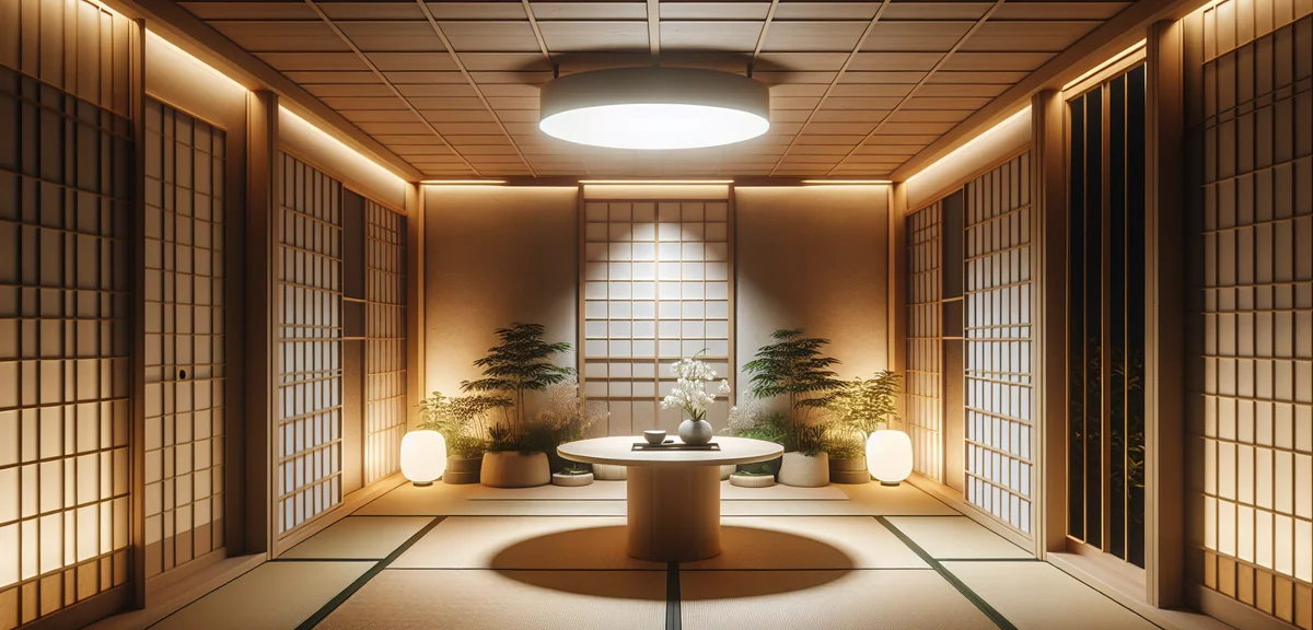 Japanese tatami room with modern LED ceiling light, showing bright even illumination. 8-tatami room 