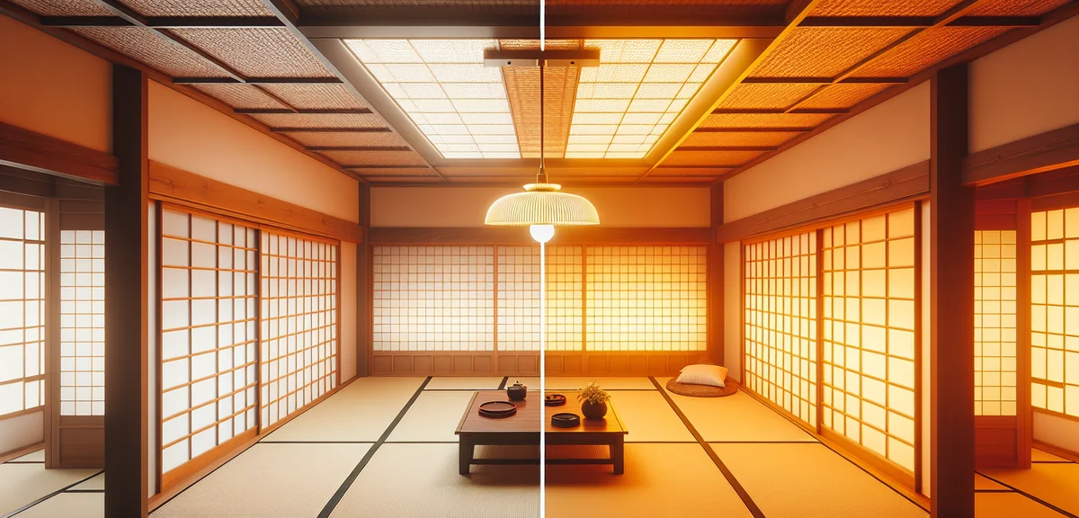 Japanese room ceiling light with adjustable color temperature, showing warm orange and cool white li