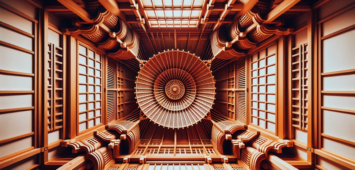 Close-up of traditional Japanese ceiling types - saobuchi ceiling showing wooden slats pattern. Warm