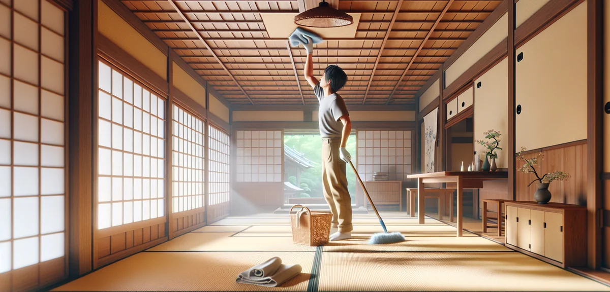 Japanese room ceiling maintenance, person gently dusting wooden ceiling with soft cloth. Bright room