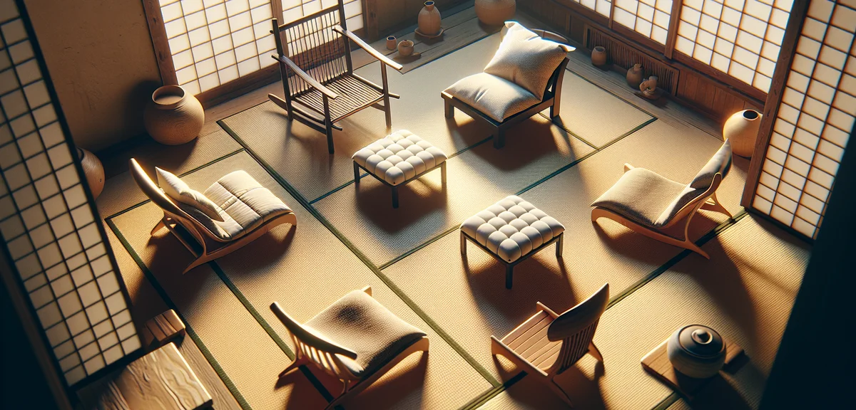 Various Japanese floor chairs arranged on tatami mat - zaisu with backrest, seiza chair, low chair. 
