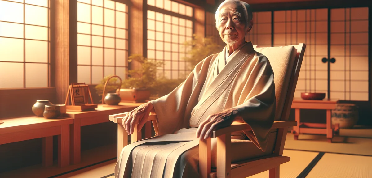 Elderly person comfortably sitting in high-seat chair (kouza isu) in Japanese room. Armrests visible