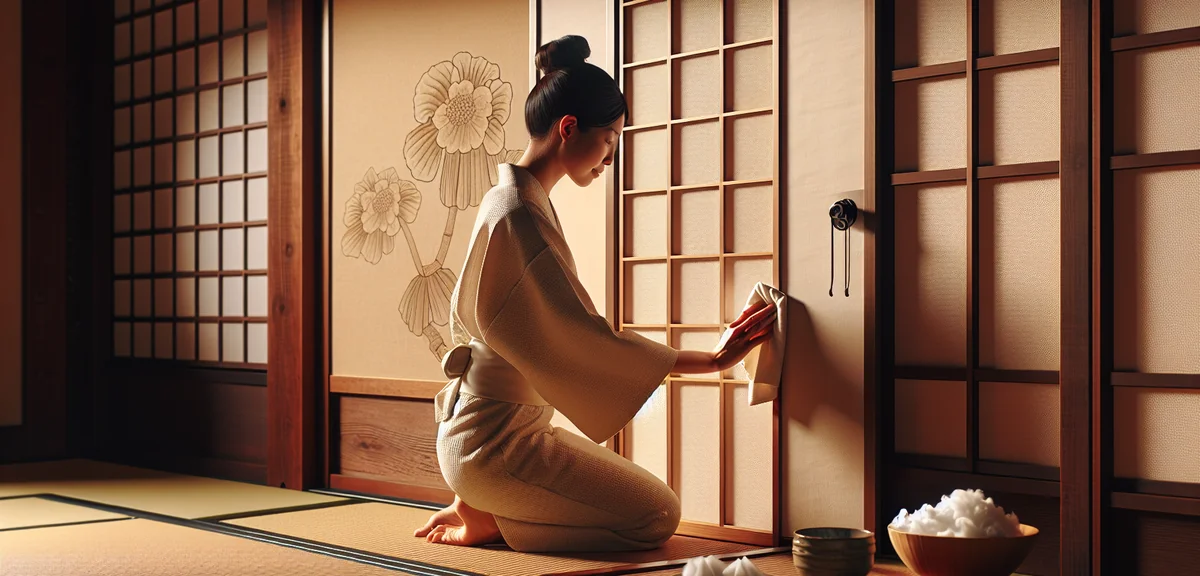 A person gently cleaning a traditional Japanese fusuma sliding door with a soft cloth near the handl