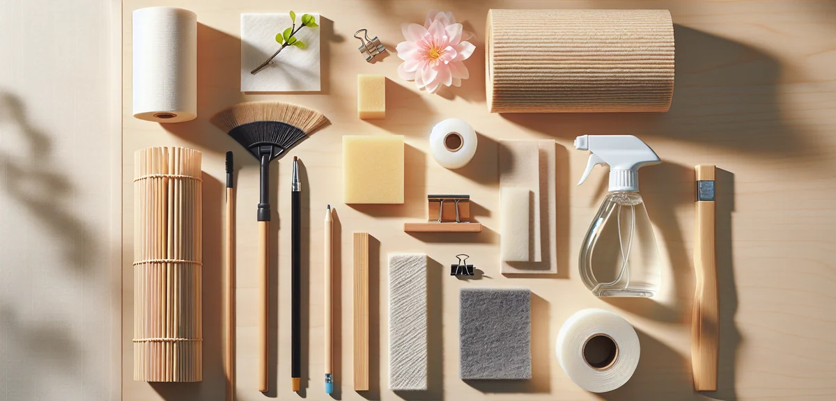 A flat lay arrangement of Japanese room cleaning supplies on a light wooden surface. Items include a