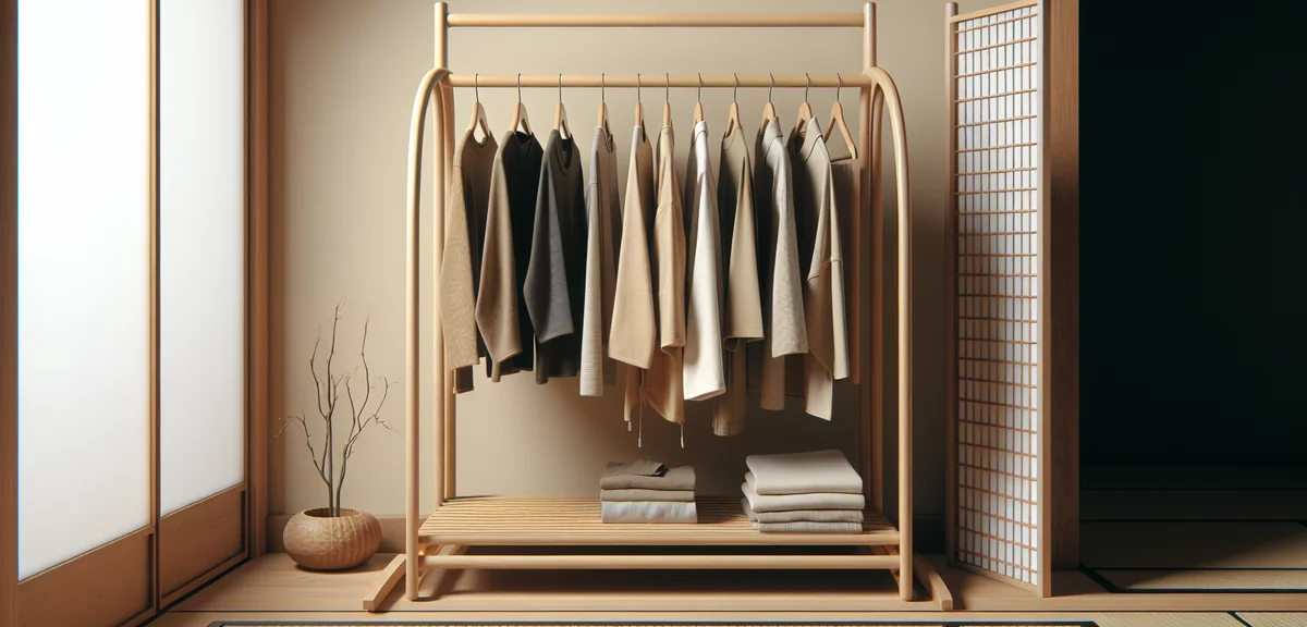 A minimalist wooden clothing rack with several garments hanging on it, placed against a tatami room 