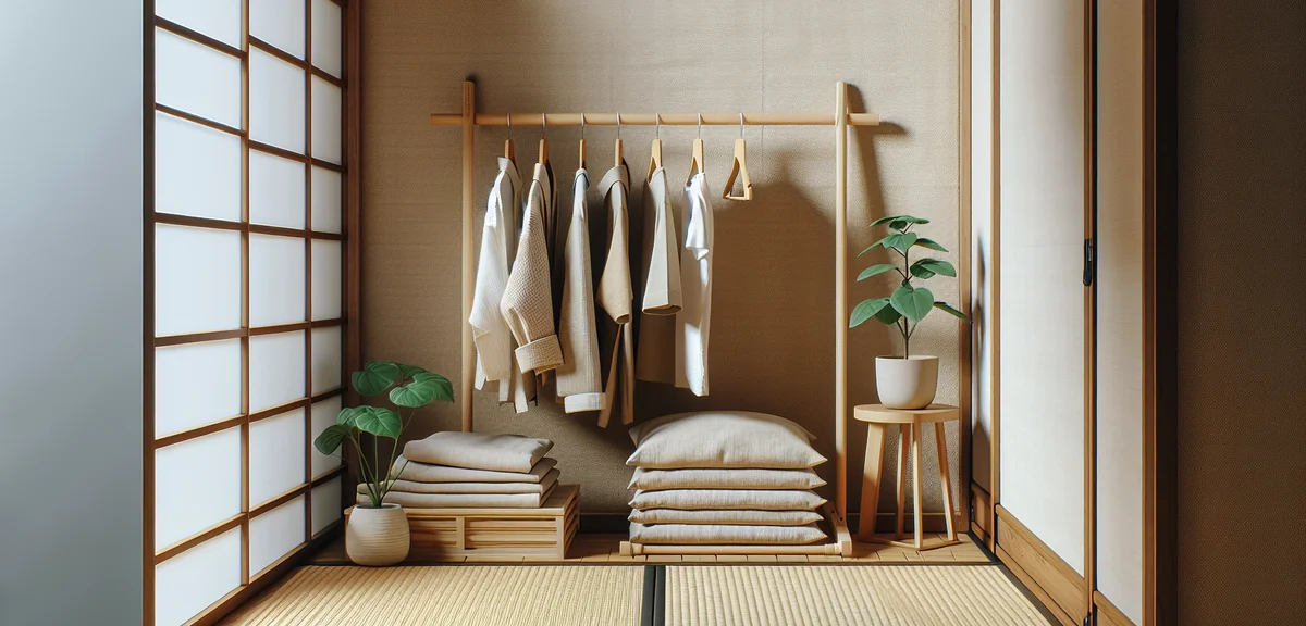 A tidy tatami room corner with a wooden clothing rack covered by a linen curtain, showing just the b