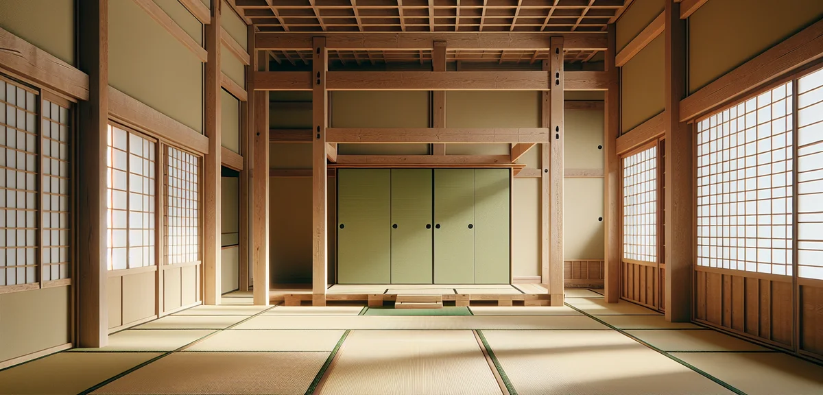 A Japanese tatami room showing the three base colors: green tatami floor, natural wood pillars and f