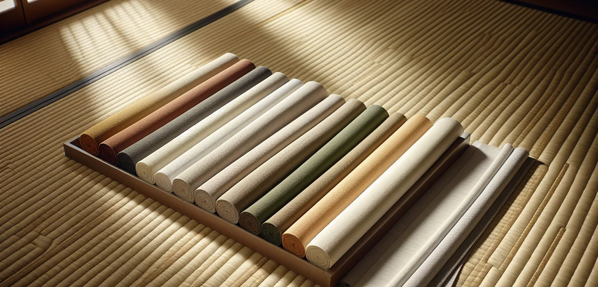 Six curtain fabric swatches arranged in a row on a tatami floor surface: beige, ivory, greige, pale 