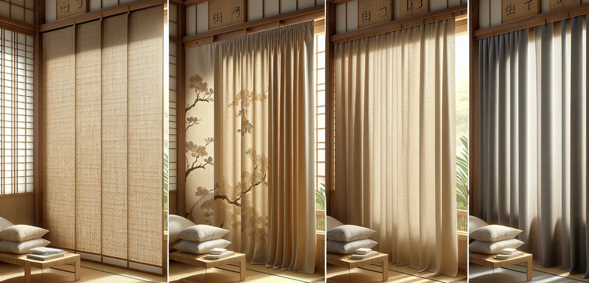 Close-up comparison of three curtain fabric textures hanging side by side in a Japanese room: linen 