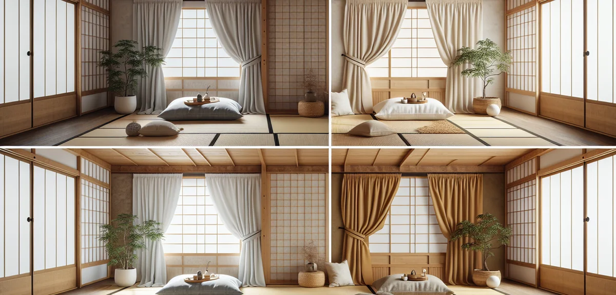 A split-view comparison of four Japanese tatami room styles with different curtains. Top-left: tradi