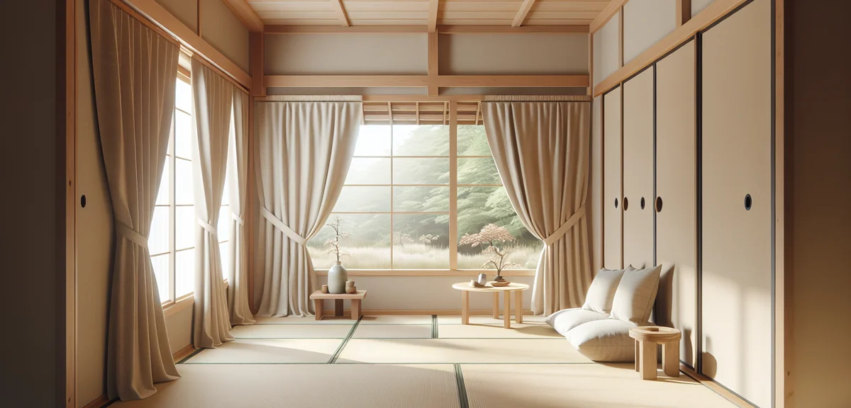 Japanese room with beige linen curtains perfectly matching tatami mat colors. Soft natural lighting,