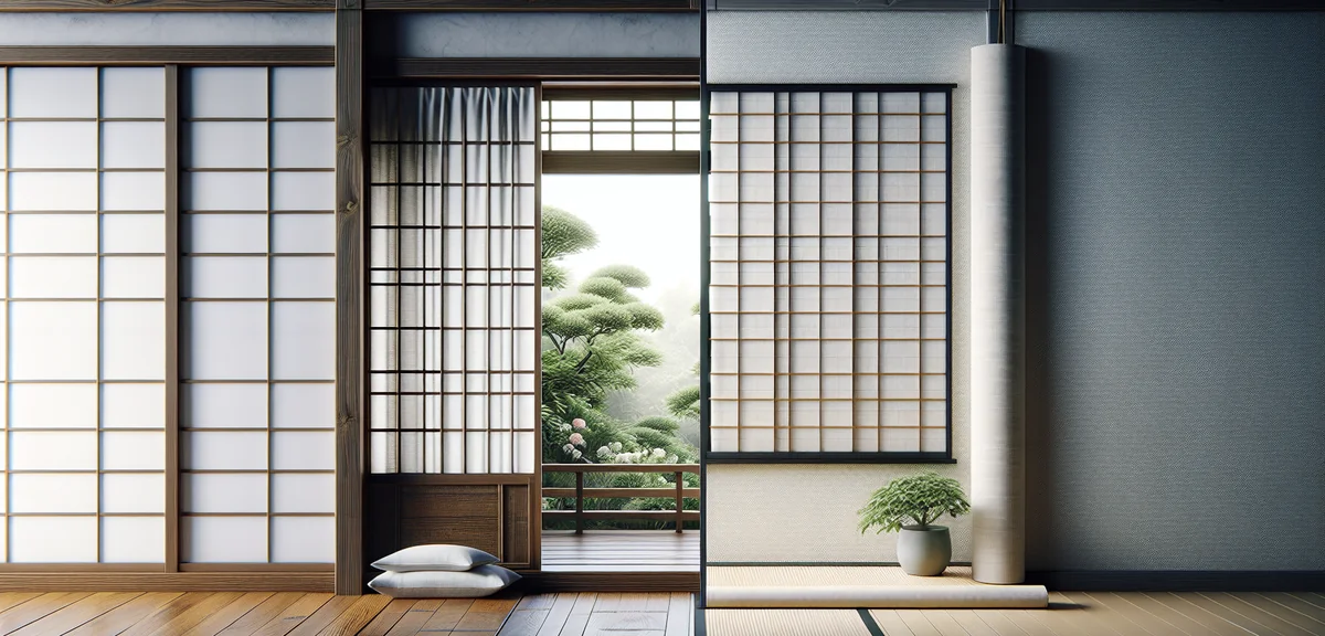 Japanese room window showing before and after: left side with traditional shoji screen, right side w