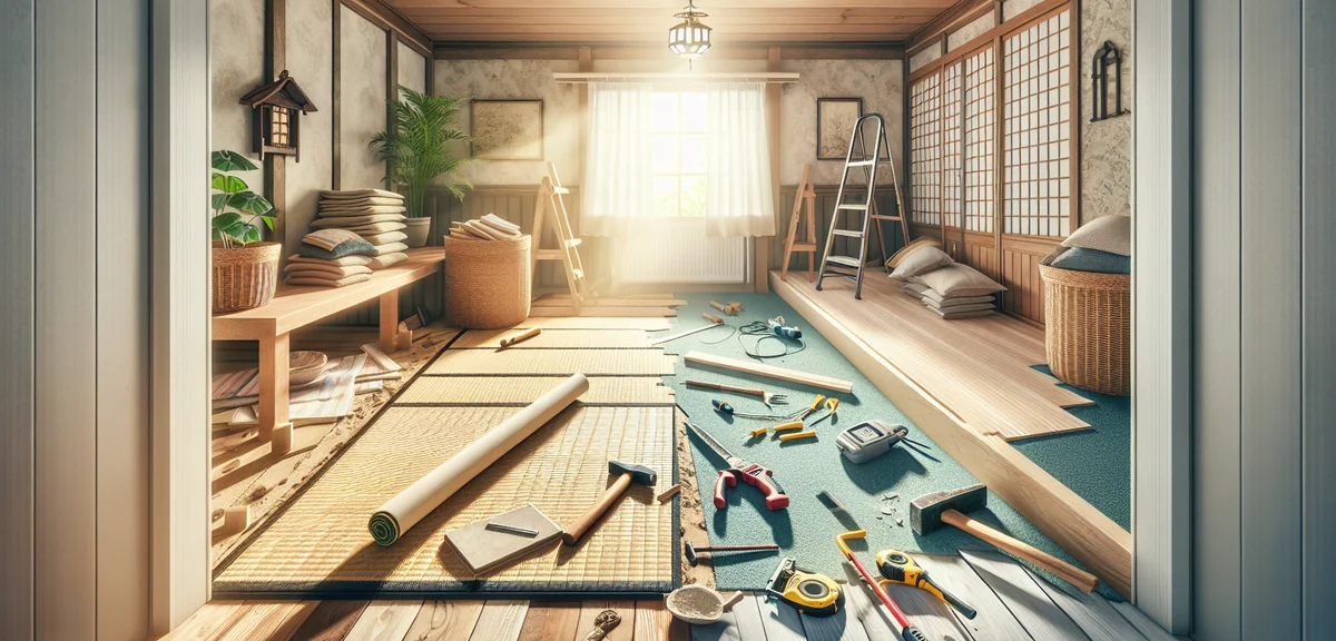 A room in the middle of renovation, half tatami mats and half light oak hardwood flooring installed.