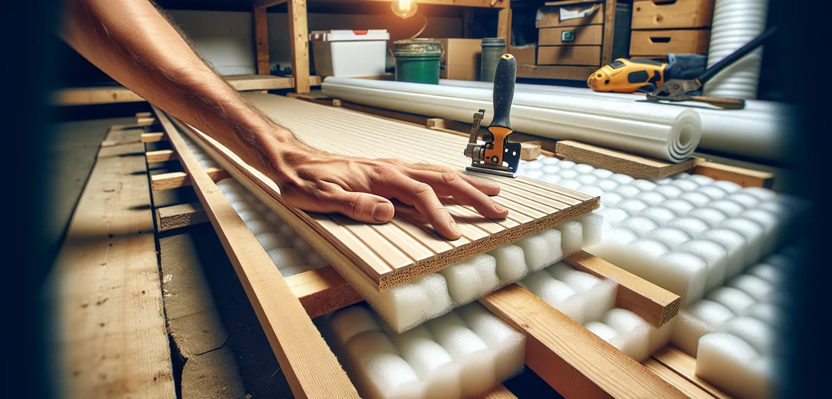 Close-up of DIY flooring installation showing wooden joists with foam insulation boards fitted betwe