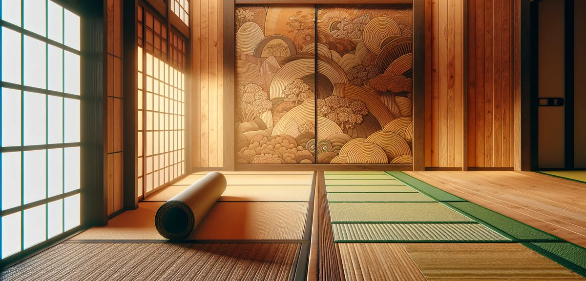 A wood carpet being unrolled over tatami mats in a Japanese room. Half the floor shows green tatami,