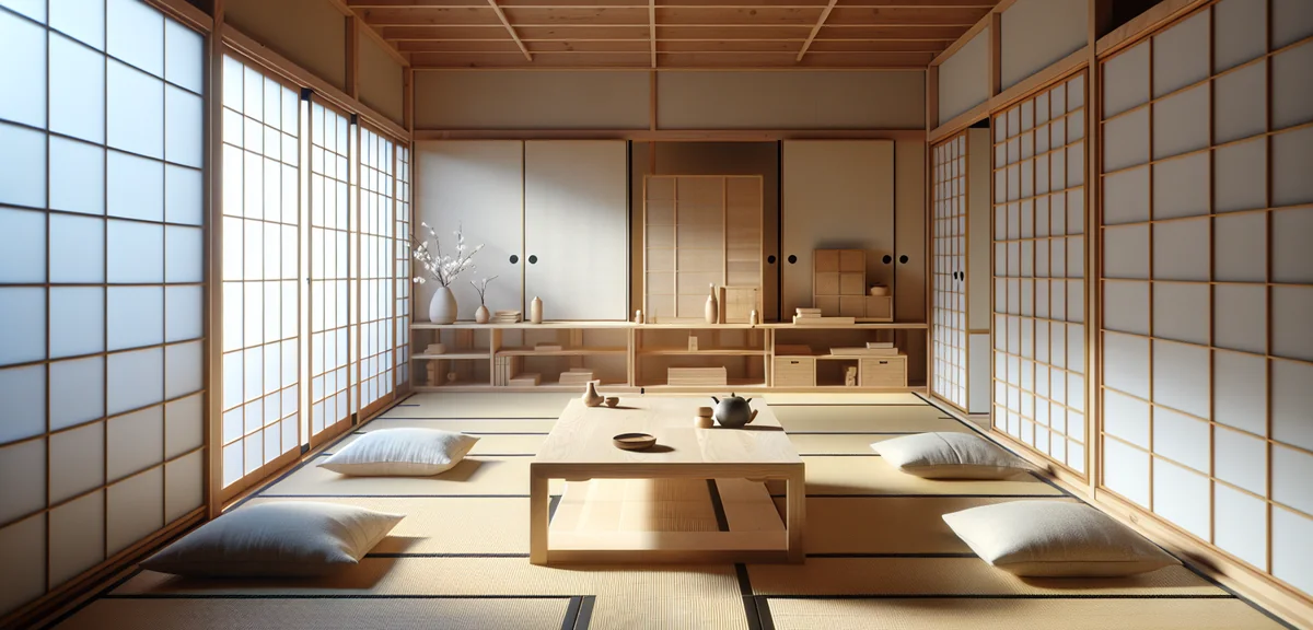 Japanese tatami room with low furniture arrangement - wooden low table, floor cushions, simple shelf