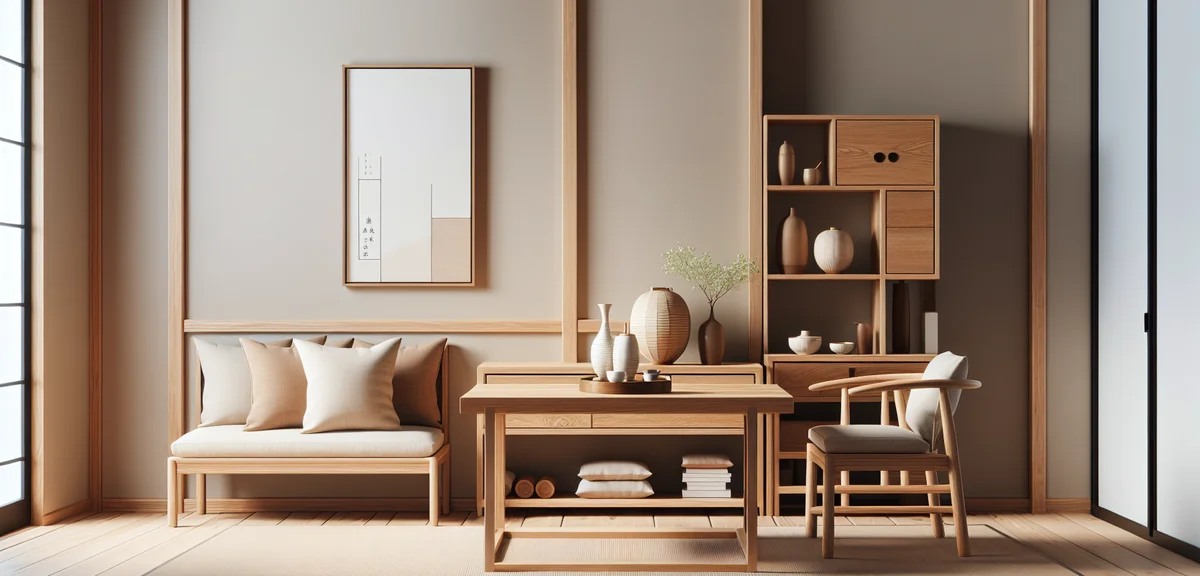Coordinated Japanese room interior with matching wood tones - oak table, oak shelf, beige cushions. 