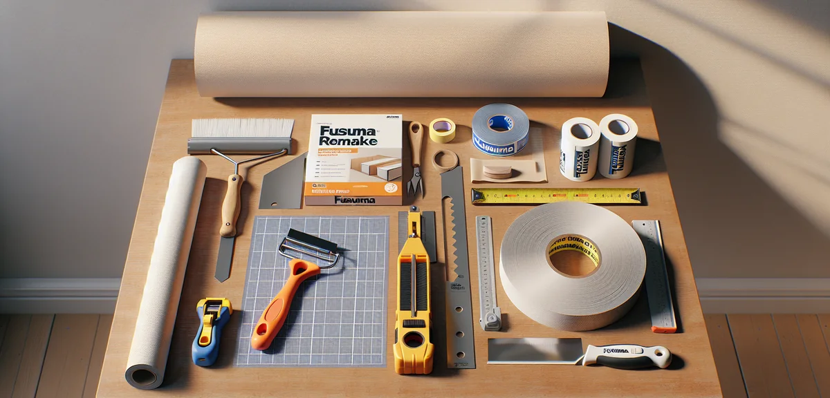 A flat lay of fusuma remake supplies neatly arranged on a wooden table, including peel-and-stick wal