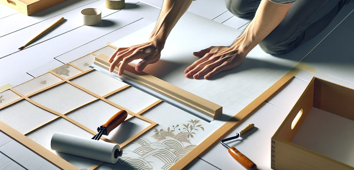 Close-up of hands applying adhesive wallpaper sheet onto a traditional Japanese fusuma door laid fla