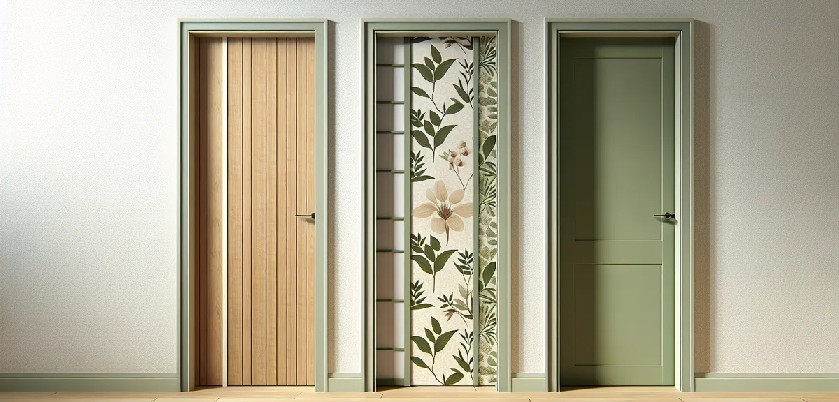 A comparison arrangement showing three fusuma door panels side by side. Left panel has peel-and-stic