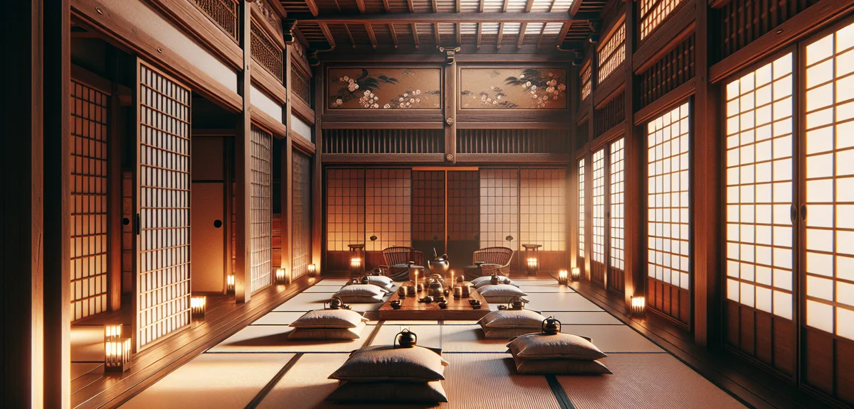 An illustrated recreation of a Heian period aristocratic residence (shinden-zukuri) interior with wo