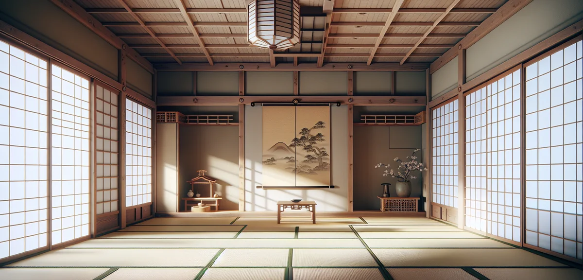 Interior of a Muromachi period shoin-zukuri room with full tatami floor covering, tokonoma alcove wi