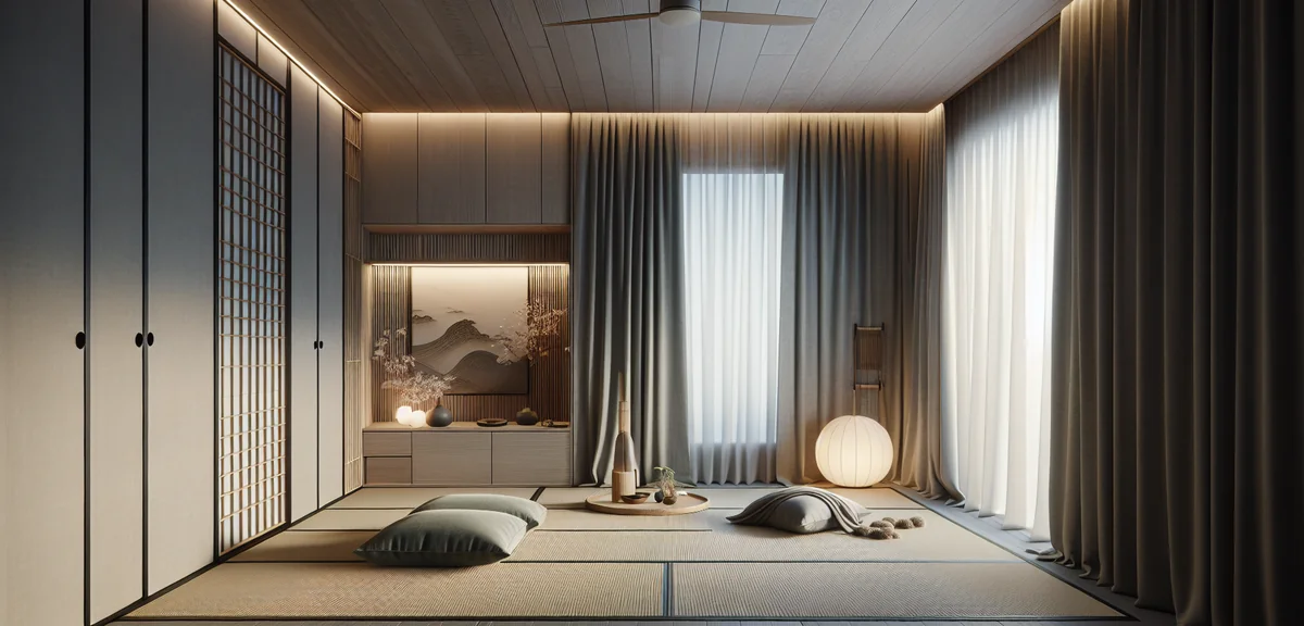 A contemporary Japanese room blending traditional and modern elements - borderless tatami in gray to