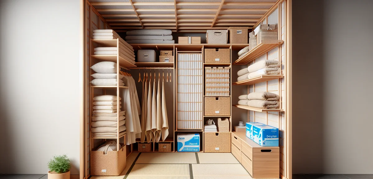Inside of a Japanese oshiire closet with wooden sunoko (slatted shelves) on floor and back wall, deh