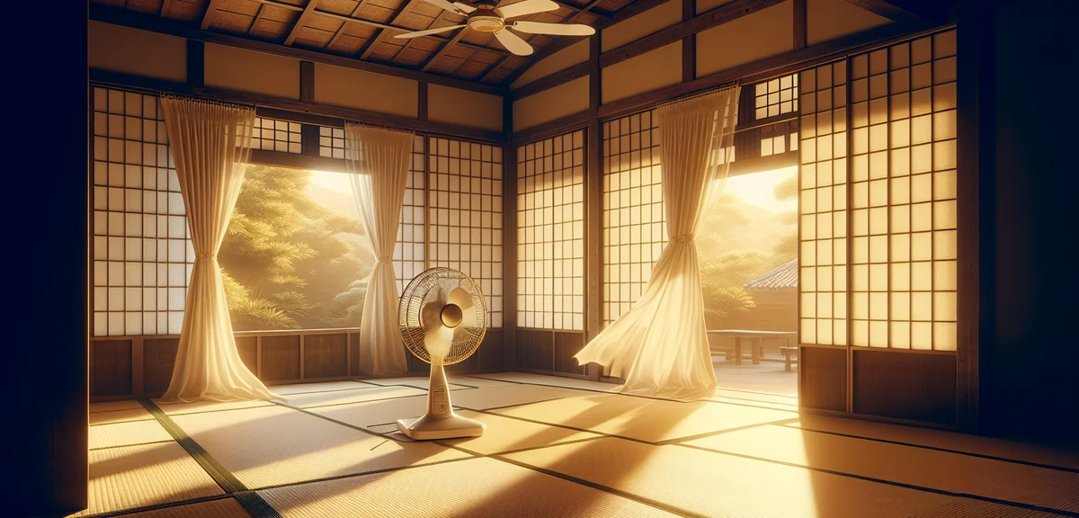 A Japanese tatami room on a sunny day with two windows open on opposite walls showing cross ventilat