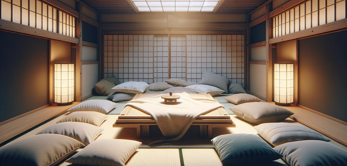 A cozy Japanese tatami room with a square kotatsu table in the center, a futon blanket draped over i