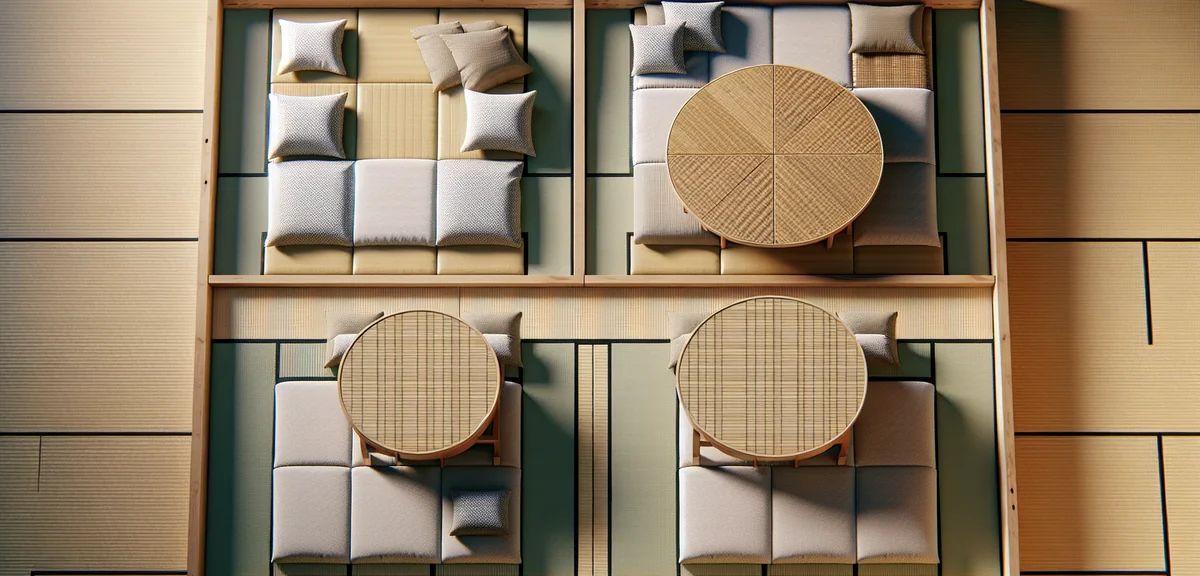 Three different kotatsu tables displayed in separate tatami rooms - a round one, a square one, and a