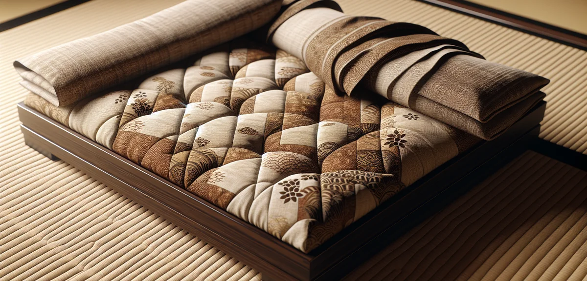 A close-up of kotatsu futon fabric textures showing traditional Japanese patterns in earth tones, dr