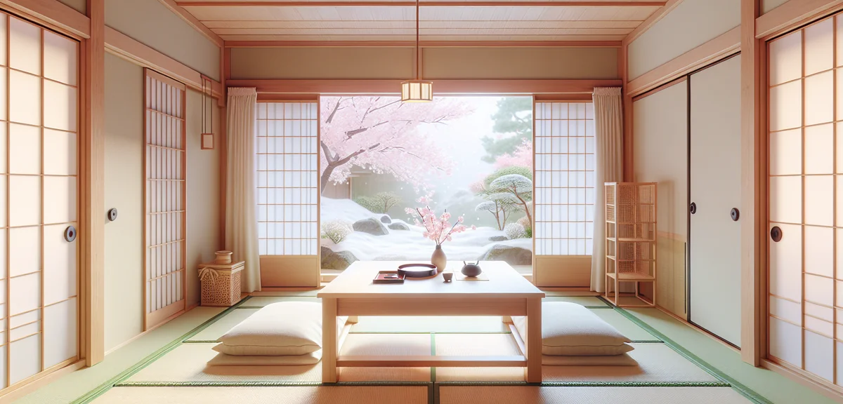 A tidy Japanese room showing a kotatsu being used as a regular low table in spring with cherry bloss