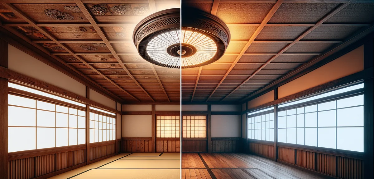 Side-by-side comparison of a Japanese room ceiling with an old circular fluorescent light on the lef