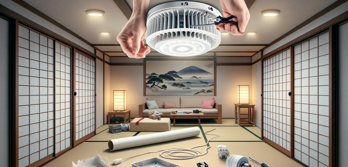 Step-by-step installation of an LED ceiling light in a Japanese room, showing hands attaching the ad