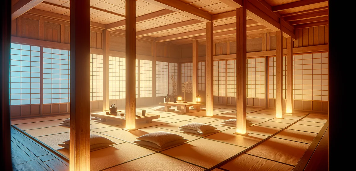 A Japanese tatami room illuminated by warm LED light at 2700K color temperature, showing the warm gl