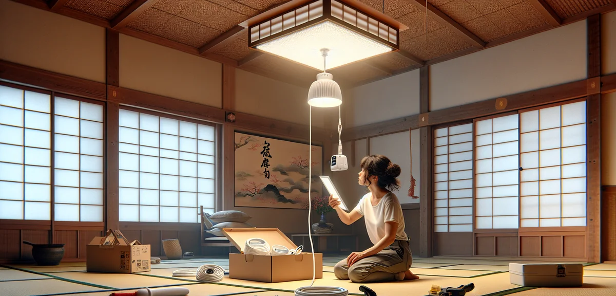 A professional electrician installing a new LED light fixture on the ceiling of a Japanese tatami ro