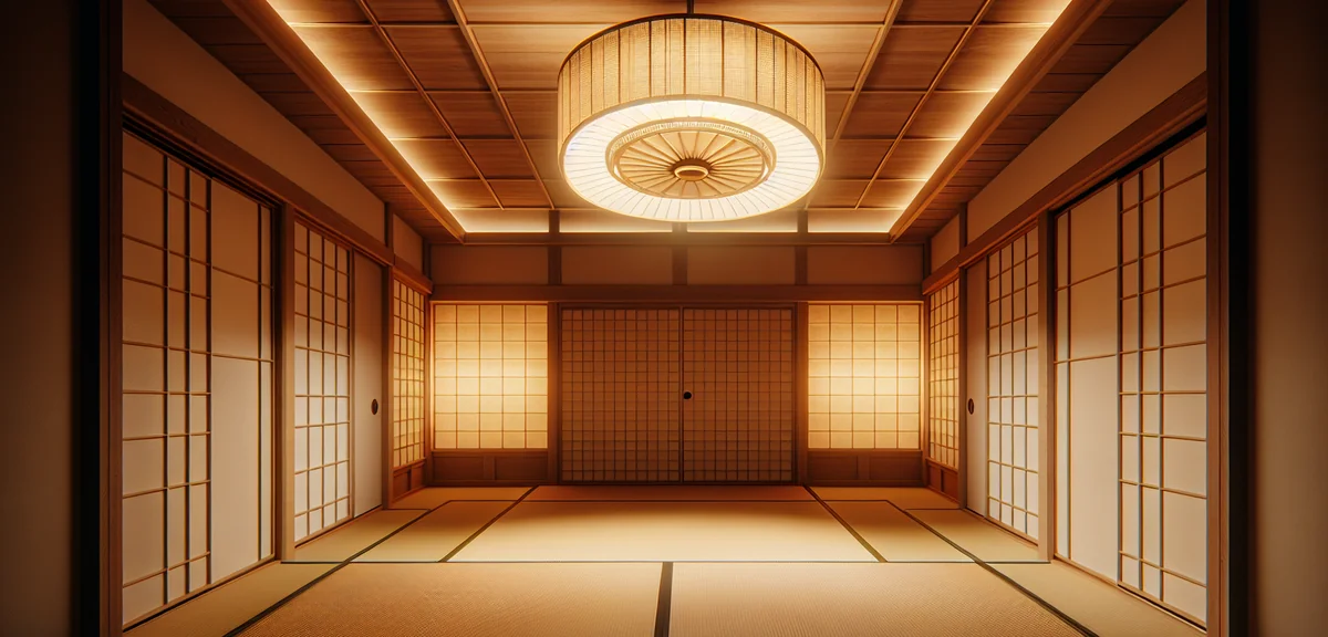 Japanese style ceiling light with wooden frame and paper shade installed in tatami room, warm amber 