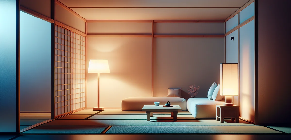 Japanese room with indirect lighting, floor lamp near corner, soft glow on white walls, tatami floor