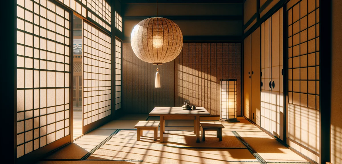 Traditional Japanese room with paper pendant light over low table, floor lantern in corner, warm lig