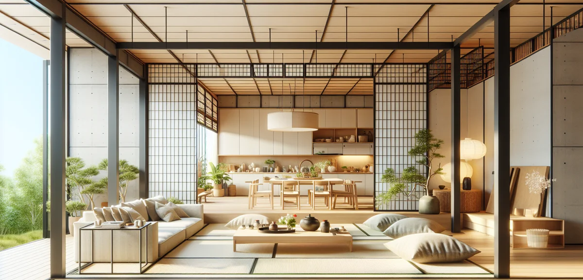 リビングとふすまを外した和室が一体化した広々としたLDK。リビング側にはソファとローテーブル、和室側には座卓とクッションが置かれ、統一感のあるナチュラルカラーでまとめられている